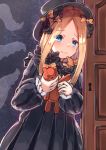  1girl abigail_williams_(fate/grand_order) bangs black_bow black_dress black_headwear blonde_hair blue_eyes blush bow closed_mouth commentary_request door dress eyebrows_visible_through_hair fate/grand_order fate_(series) forehead greypidjun hair_bow hat highres holding holding_stuffed_animal keyhole long_hair long_sleeves looking_at_viewer orange_bow parted_bangs polka_dot polka_dot_bow sleeves_past_wrists solo stuffed_animal stuffed_toy teddy_bear tentacles 