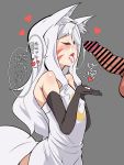  1boy 1girl animal_ear_fluff bar_censor bare_shoulders black_gloves censored crescent_print cum cum_bubble cum_in_mouth cum_on_hair cum_string cupping_hands dress elbow_gloves facial facial_mark fox_tail from_side gloves grey_background grey_hair heart hetero mitsuki_suzu open_mouth penis profile red_eyes sewayaki_kitsune_no_senko-san shiro_(sewayaki_kitsune_no_senko-san) speech_bubble tail testicles tongue translation_request veins veiny_penis 