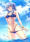  1girl abs bikini bikini_pull bikini_tug blue_eyes blue_hair blue_sky bracelet breasts cloud commentary_request cowboy_shot day gotland_(kantai_collection) groin highleg highleg_bikini highleg_swimsuit jewelry kantai_collection layered_bikini light_rays long_hair looking_at_viewer medium_breasts mole mole_under_eye o-ring o-ring_bikini outdoors ponytail pulled_by_self ryu-akt sky soaking_feet solo standing sunbeam sunlight swimsuit thighs toned water 