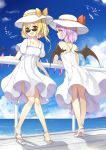  2girls :d alternate_costume bare_arms bare_shoulders bat_wings bird blonde_hair blue_sky bow cloud collarbone commentary_request crystal day dress flan_(seeyouflan) flandre_scarlet flock from_behind full_body hat hat_bow high_heels highres lavender_hair long_hair looking_at_viewer multiple_girls one_side_up open_mouth orange_bow outdoors railing red_bow red_eyes remilia_scarlet shadow short_hair short_sleeves sky smile standing sunglasses touhou water white_dress white_footwear white_headwear wings 