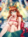  1girl antlers bare_shoulders bell blurry blurry_background blush box breasts brown_hair candy candy_cane christmas cleavage collarbone dot_nose eyebrows_visible_through_hair food gift gift_box gigamessy green_eyes hair_between_eyes hair_ribbon huge_breasts licking long_hair looking_at_viewer naked_ribbon nipples nude original ornament reindeer_antlers ribbon solo tinsel 