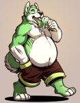  anthro belly bottomwear canid canine canis clothed clothing dessert domestic_dog food fur green_fur hi_res husky ice_cream male mammal neodokuro nipples nordic_sled_dog pants simple_background solo spitz teeth tongue topless 