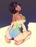  1girl artist_name ass back bare_back bare_shoulders barefoot black_hair breasts cleavage eyebrows_visible_through_hair feet feguimel green_eyes highleg highleg_swimsuit highres large_breasts lips looking_at_viewer looking_back multicolored_hair one-piece_swimsuit open_mouth original purple_hair short_hair shoulder_blades sidelocks signature sitting skindentation smile solo swimsuit toes two-tone_hair wariza 