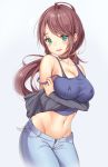  1girl artist_name bare_shoulders blue_shirt breasts brown_hair choker cleavage collarbone commentary cowboy_shot crop_top denim gradient gradient_background green_eyes grey_jacket groin hair_ornament hair_scrunchie highres jacket kaptivate large_breasts long_hair long_sleeves looking_at_viewer low_ponytail midriff navel off_shoulder open_fly open_mouth original pants scrunchie shirt sidelocks sleeveless sleeveless_shirt smile solo strap_slip tank_top 