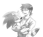  anthro chris_thorndyke clothing crossed_legs den255 duo eulipotyphlan eyes_closed footwear gloves grin handwear happy hedgehog holding_character human jacket male mammal monochrome shoes simple_background smile sonic_(series) sonic_the_hedgehog topwear white_background 