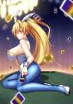  1girl animal_ears artoria_pendragon_(all) artoria_pendragon_(swimsuit_ruler)_(fate) blonde_hair blue_legwear braid breasts bunny_ears bunny_girl bunnysuit card detached_collar fake_animal_ears fate/grand_order fate_(series) fishnet_pantyhose fishnets french_braid green_eyes high_heels highres holding holding_card large_breasts leotard long_hair on_table pantyhose ponytail ryuuzouji_usagi sitting solo strapless strapless_leotard table white_footwear white_leotard wrist_cuffs 