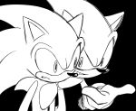  anthro black_and_white black_background clothing den255 duo eulipotyphlan gesture gloves grin handwear hedgehog male mammal monochrome pointing pointing_at_another simple_background smile sonic_(series) sonic_the_hedgehog square_crossover 