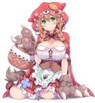  1girl breasts brown_hair cape cleavage dress gloves green_eyes hasu_(hk_works) highres hood hooded_cape large_breasts long_hair low_twin_braids nijisanji paw_gloves paws red_hood solo tail virtual_youtuber warabeda_meijii wolf_paws 