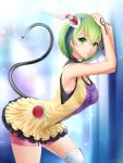  1girl :o android arm_tattoo audio_plug bike_shorts blurry blurry_background boots breasts cleavage curled_tail dimension_w dot_nose dress eyebrows_visible_through_hair gigamessy green_eyes green_hair hand_tattoo leaning_forward looking_at_viewer medium_breasts multicolored_hair pink_shorts robot_ears short_hair shorts sideboob solo tail tattoo thigh_boots thighhighs two-tone_hair yurizaki_mira zettai_ryouiki 