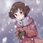  1girl :o akiyama_yukari bangs blurry blush brown_coat brown_eyes brown_hair coat commentary eyebrows_visible_through_hair fingernails girls_und_panzer gloves hatomugi_seika highres long_fingernails looking_at_viewer messy_hair open_mouth orange_gloves outdoors plaid_gloves short_hair snow solo standing winter_clothes 