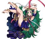  1girl absurdres arms_up barefoot braid ebinku fire_emblem fire_emblem:_three_houses full_body green_eyes green_hair hair_ornament highres long_hair manakete pointy_ears simple_background solo sothis_(fire_emblem) tiara twin_braids white_background 
