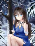  1girl animal_ears bare_shoulders bare_tree black_ears black_tail blue_dress blue_eyes blue_jay blurry blurry_background braid breasts bridal_gauntlets brown_hair cleavage cleavage_cutout dot_nose dress eyebrows_visible_through_hair freckles gigamessy hair_between_eyes hair_ornament large_breasts long_hair looking_at_viewer nervous original outdoors pine_tree snow snowing tail torn_clothes tree winter wolf_ears wolf_tail 