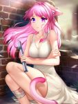  1girl animal_ears arms_under_breasts bandages blood bloody_clothes blurry blurry_background breasts brick_wall cat_ears cat_girl cleavage collarbone curled_tail curled_up dot_nose dress eyebrows_visible_through_hair gigamessy heterochromia holding holding_weapon improvised_weapon long_hair original pink_hair pink_tail pipe scared sitting solo tail tearing_up tears thighs weapon white_dress 