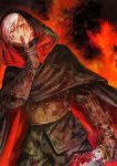  1boy black_gloves blood blood_on_face bloody_clothes bloody_knife bloody_weapon cloak finger_to_mouth gloves highres holding holding_knife hood hooded_cloak k_harris knife male_focus pixiv_fantasia pixiv_fantasia_last_saga red_eyes sharya_ganzo shushing solo standing weapon white_hair 