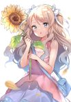  1girl :o absurdres bag bangs bare_arms bare_shoulders blonde_hair blue_bag blue_eyes blush commentary_request dan_gan dress eyebrows_visible_through_hair flower hair_ribbon highres holding holding_flower long_hair looking_at_viewer original pink_dress ribbon solo sunflower twintails wavy_hair white_ribbon yellow_flower 