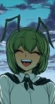  1girl antennae blue_sky closed_eyes cloud green_hair open_mouth sky smile solo space_jin teeth tongue touhou upper_body wriggle_nightbug 