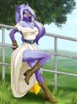  2019 anthro black_nose boots breasts canid canine clothing day detailed_background digital_media_(artwork) female footwear fox fur gloves grass hair handwear mammal outside purple_fur purple_hair silvermoonfox sky solo yellow_eyes 