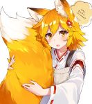  1girl :d animal_ear_fluff animal_ears apron blonde_hair blush commentary_request eyebrows_visible_through_hair fox_ears fox_tail hair_between_eyes hair_ornament highres holding_tail looking_at_viewer nuko_miruku open_mouth ribbon-trimmed_sleeves ribbon_trim senko_(sewayaki_kitsune_no_senko-san) sewayaki_kitsune_no_senko-san smile solo speech_bubble tail translation_request white_background yellow_eyes 