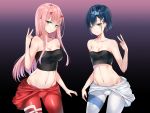  2girls bangs bare_arms bare_shoulders black_background blue_hair blush bodysuit bodysuit_pull breasts cleavage collarbone commentary_request cowboy_shot dan_gan darling_in_the_franxx eyebrows_visible_through_hair gradient gradient_background green_eyes hair_between_eyes hair_ornament hairclip hand_up highres horns ichigo_(darling_in_the_franxx) large_breasts long_hair looking_at_viewer medium_breasts midriff multiple_girls navel oni_horns pink_hair purple_background red_bodysuit red_horns short_hair smile standing stomach strapless thighs tubetop v white_bodysuit zero_two_(darling_in_the_franxx) 