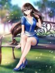  1girl bench blue_dress blue_eyes blurry blurry_background bracelet breasts brown_hair cherry_blossoms cleavage collarbone crossed_legs dot_nose dress ears eyebrows_visible_through_hair gigamessy grass hair_between_eyes high_heels jewelry large_breasts legs long_hair looking_at_viewer original petals smile solo thighs tree watch 