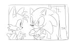  anthro black_and_white bottomwear canid canine clothing crossed_arms den255 eulipotyphlan fox gloves group handwear hedgehog human male mammal miles_prower monochrome pants sketch sonic_(series) sonic_the_hedgehog standing 