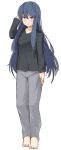  1girl bangs barefoot black_sweater blue_hair breasts full_body grey_pants hair_between_eyes hand_in_hair long_hair long_sleeves looking_at_viewer medium_breasts pajamas pants purple_eyes shima_rin shiseki_hirame simple_background solo sweater white_background yurucamp 