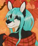  ambiguous_gender anthro bare_shoulders digital_media_(artwork) fall_(disambiguation) flannel_shirt hair head_shot hi_res invalid_color leaf long_hair miss_rain outside raine_kirijo simple_background smile solo teal_eyes teal_hair 