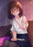  1girl akasaai black_skirt blush brown_hair collarbone covering_mouth eyebrows_visible_through_hair glasses hand_over_own_mouth highres indoors looking_at_viewer medium_hair microphone original pantyhose sitting skirt solo 