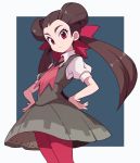  1girl absurdres bangs big_hair bow brown_hair closed_mouth cowboy_shot dress gym_leader hair_bow hair_ornament hair_pulled_back hands_on_hips highres long_hair looking_at_viewer nazonazo_(nazonazot) necktie pink_legwear pokemon pokemon_(game) pokemon_rse red_bow red_eyes red_legwear red_neckwear school_uniform shiny shiny_hair shirt short_sleeves simple_background solo standing tsutsuji_(pokemon) twintails undershirt 