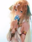  1girl blue_eyes brown_hair ciel_nosurge commentary_request flower hair_between_eyes hair_flower hair_ornament head_tilt holding holding_flower ionasal_kkll_preciel long_hair looking_at_viewer mogupon solo surge_concerto upper_body very_long_hair white_background 