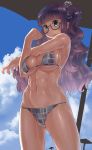  1girl abs ahoge armpits ass_visible_through_thighs bangs bikini blue_eyes blunt_bangs breasts character_request clenched_hand cloud commentary_request cowboy_shot gankutsu-sou_no_fuyajou-san glasses highres large_breasts long_hair looking_at_viewer monosenbei muscle muscular_female navel open_mouth plaid plaid_bikini purple_hair scrunchie semi-rimless_eyewear shiny shiny_skin sky solo stretch sweat sweatdrop swimsuit underboob wavy_hair 