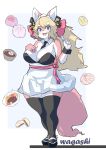  4_fingers absurd_res anthro big_breasts blonde_hair blue_eyes blush breasts canid canine canis cleavage clothed clothing domestic_dog dress female fingers footwear hair hand_on_breast hi_res kemono legwear long_hair looking_at_viewer mammal necktie open_mouth pastries shoes simple_background solo standing thigh_highs wanko0487 white_background 