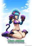  1girl animal_ears bikini blue_eyes blue_hair breasts brown_eyes cat_ears earrings embarrassed emmental_void gloves highres jewelry large_breasts leona_heidern long_hair looking_at_viewer midriff navel ponytail simple_background snk_heroines:_tag_team_frenzy solo swimsuit the_king_of_fighters white_background 