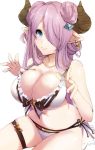 1girl absurdres bangs bare_arms bare_shoulders bikini blue_eyes breasts cleavage closed_mouth collarbone earrings granblue_fantasy hair_ornament hair_over_one_eye highres horns jewelry large_breasts long_hair looking_at_viewer narmaya_(granblue_fantasy) pink_hair pointy_ears ribbon ryuu. shiny shiny_hair simple_background sitting smile solo swimsuit thigh_strap white_background 
