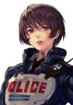  1girl akira_howard astral_chain brown_eyes brown_hair gloves hankuri jacket long_sleeves looking_at_viewer police police_uniform short_hair simple_background solo thick_lips uniform white_background 