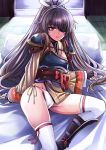  1girl armor black_hair brown_eyes dress epic7 eyepatch highres long_hair looking_at_viewer lying ribbon surin_(epic7) white_legwear 