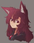  1girl animal_ear_fluff animal_ears bangs brooch brown_hair commentary eyebrows_visible_through_hair grey_background hair_between_eyes head_tilt imaizumi_kagerou jewelry long_hair looking_at_viewer portrait red_eyes simple_background solo touhou wolf_ears wool_(miwol) 