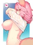  1girl animal_ear_fluff animal_ears areolae breasts fate/grand_order fate_(series) fox_ears fox_girl fox_tail from_side heart large_breasts nipples pink_hair shirt short_sleeves solo spoken_heart tail tamamo_(fate)_(all) tamamo_no_mae_(swimsuit_lancer)_(fate) wet wet_clothes wet_shirt wet_t-shirt white_shirt wisespeak yellow_eyes 