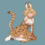  1girl :o animal_ear_fluff animal_ears animal_print bangs bare_shoulders blonde_hair blue_background bob_cut boots bow bowtie breasts cross-laced_footwear elbow_gloves eyebrows_visible_through_hair full_body gloves high-waist_skirt kemono_friends lace-up_boots medium_breasts open_mouth orange_skirt serval_(kemono_friends) serval_ears serval_print serval_tail shirt simple_background skirt sleeveless sleeveless_shirt solo striped_tail tail tail_raised tanuki_koubou thighhighs white_footwear white_shirt yellow_eyes zettai_ryouiki 