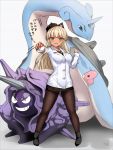  1girl alice_gear_aegis araime_yasuri black_legwear blonde_hair bob_cut buttons clipboard cloyster dark_skin doyouwantto eyebrows_visible_through_hair green_eyes hair_ribbon hat holding lapras leggings luvdisc open_mouth pigeon-toed poke_ball pokemon ribbon signature smile translation_request 