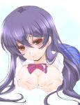  1girl bangs blue_hair bow bowtie breasts commentary_request covering covering_breasts cum cum_in_mouth cum_on_body cum_on_breasts cum_on_upper_body eyebrows_visible_through_hair facial frapowa hair_between_eyes large_breasts long_hair long_sleeves looking_at_viewer love_live! love_live!_school_idol_project lying on_stomach open_clothes open_shirt otonokizaka_school_uniform red_neckwear school_uniform shirt simple_background solo sonoda_umi striped striped_neckwear white_shirt yellow_eyes 