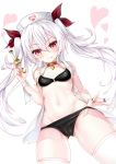  1girl ass_visible_through_thighs azur_lane bandaid_on_arm bangs bare_shoulders black_bra black_panties bra cameltoe choker closed_mouth collarbone commentary_request crost eyebrows_visible_through_hair fang fingernails hair_between_eyes hair_ribbon hand_in_panties hat heart heart_choker highres jewelry legs_apart long_fingernails long_hair looking_at_viewer navel nurse nurse_cap open_clothes open_vest panties red_eyes red_ribbon ribbon ring sidelocks skindentation slit_pupils smile solo stomach syringe thighhighs twintails underwear vampire_(azur_lane) vest white_hair white_legwear wrist_wrap 