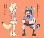  +_+ 2girls :d animal_ear_fluff animal_ears black_bow black_footwear black_hair black_neckwear black_skirt blonde_hair blue_shirt bow bowtie breast_pocket brown_eyes common_raccoon_(kemono_friends) extra_ears fang fennec_(kemono_friends) fox_ears fox_girl fox_tail full_body fur_collar gradient_hair kemono_friends lifebuoy looking_at_another miniskirt multicolored_hair multiple_girls open_mouth orange_background pleated_skirt pocket puffy_short_sleeves puffy_sleeves raccoon_ears raccoon_girl raccoon_tail shirt shoes short_sleeves sideways_mouth silver_hair skirt smile sparkle standing striped_tail tail tanuki_koubou thighhighs translation_request white_footwear white_hair white_skirt zettai_ryouiki 