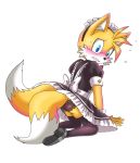  2016 amortem-kun anthro blue_eyes blush canid canine clothed clothing crossdressing dipstick_tail footwear fox fur girly gloves handwear hi_res maid_uniform male mammal miles_prower multicolored_tail nervous panties simple_background solo sonic_(series) underwear uniform video_games white_fur yellow_fur 