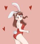  1girl animal_ears ass bare_shoulders blush bow bowtie breasts brown_hair bunny_ears bunny_girl bunny_tail bunnysuit fake_animal_ears fake_tail heart highres kagari_atsuko leotard little_witch_academia long_hair looking_at_viewer looking_to_the_side medium_breasts pink_background red_eyes red_leotard red_neckwear rikichii shiny shiny_hair simple_background solo standing strapless strapless_leotard tail 