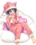  1girl animal_ears barefoot bean_bag_chair black_hair blue_eyes blush breasts cat_ears cat_tail cleavage cup daibouken!_yukeyuke_osawari_island full_body heart holding ichigo_(daibouken!_yukeyuke_osawari_island) microphone mug nontan official_art open_mouth pajamas paw_print short_hair smile solo tail 