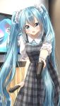  1girl :d bangs blue_eyes blue_hair blush collared_shirt commentary_request dress eyebrows_visible_through_hair flat_screen_tv grey_dress hair_between_eyes hair_ornament hair_scrunchie hatsune_miku highres holding holding_microphone indoors leaning_forward long_hair looking_at_viewer microphone open_mouth pentagon_(railgun_ky1206) plaid plaid_dress puffy_short_sleeves puffy_sleeves scrunchie shirt short_sleeves sidelocks sleeveless sleeveless_dress smile solo standing television twintails very_long_hair vocaloid white_scrunchie white_shirt 