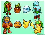  2019 deku deku_link flower goron goron_link hi_res link majora&#039;s_mask marine mask nintendo ohfourmouse pikachu plant pok&eacute;mon pok&eacute;mon_(species) simple_background surprise the_legend_of_zelda video_games zora zora_link 