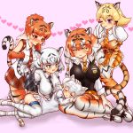  5girls :d ;) absurdres all_fours animal_ear_fluff animal_ears animal_print arm_support armlet ass bangs black_hair blonde_hair blue_eyes bow breast_pocket brown_eyes byakko_(kemono_friends) closed_eyes closed_mouth collared_shirt commentary_request corset elbow_gloves empty_eyes extra_ears eyebrows_visible_through_hair finger_to_mouth garter_straps gloves grey_hair hair_between_eyes hair_bow hakumaiya hand_on_another&#039;s_head heart high_ponytail highres index_finger_raised kemono_friends kneeling lap_pillow light_brown_hair long_hair long_sleeves looking_at_another low-tied_long_hair lying medium_hair microskirt miniskirt multicolored_hair multiple_girls necktie on_side one_eye_closed open_mouth panties plaid plaid_neckwear plaid_skirt pocket ponytail print_gloves print_legwear puffy_short_sleeves puffy_sleeves shirt shoes short_sleeves shushing siberian_tiger_(kemono_friends) sidelocks sitting skirt sleeping sleeveless sleeveless_shirt smile smilodon_(kemono_friends) south_china_tiger_(kemono_friends) standing streaked_hair sweater_vest tail thighhighs tiger_ears tiger_print tiger_tail twintails underwear white_hair white_panties white_tiger_(kemono_friends) white_tiger_print wing_collar zettai_ryouiki 