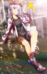  1girl baseball_cap bike_shorts bike_shorts_under_shorts cityscape contemporary earpiece fate/grand_order fate_(series) hat highres holographic_interface jewelry kama_(fate/grand_order) pendant red_eyes shoes shorts silver_hair smile sneakers star tom_(drpow) 